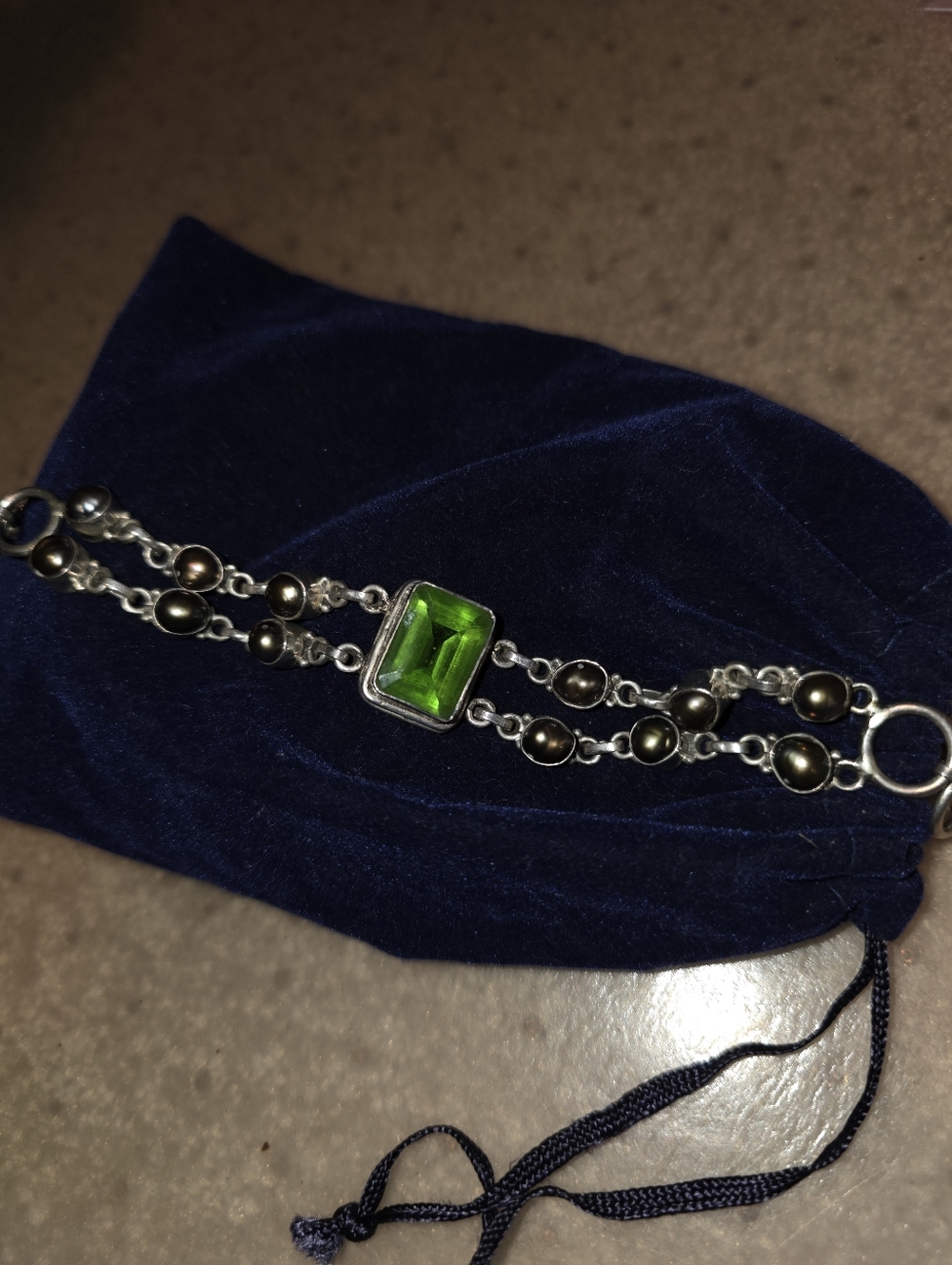 SS greenstone and colored pearl bracelet